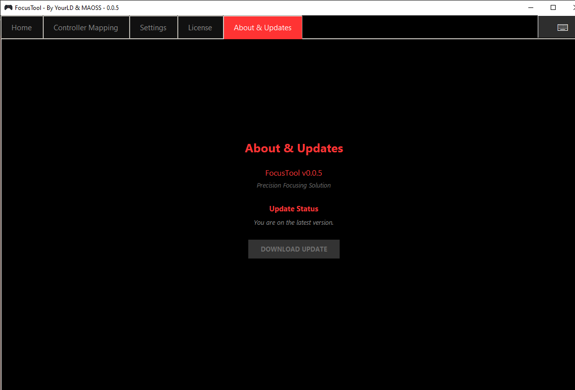 About & Updates tab – version and update status / download button.