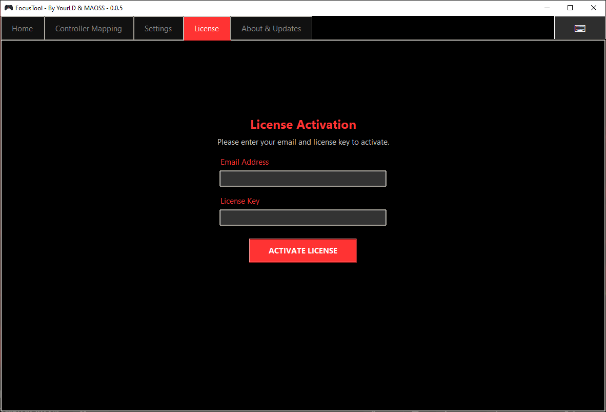 License tab (not activated yet) – enter Email + License Key.