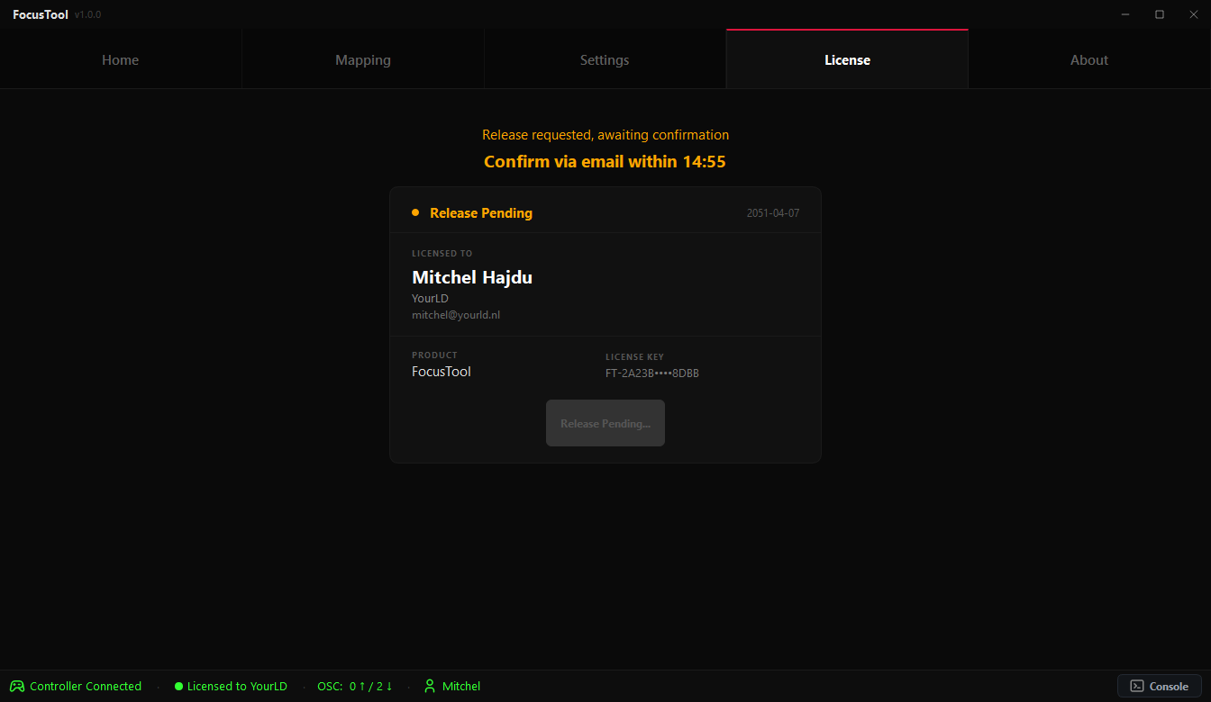 License tab – release license from current device.