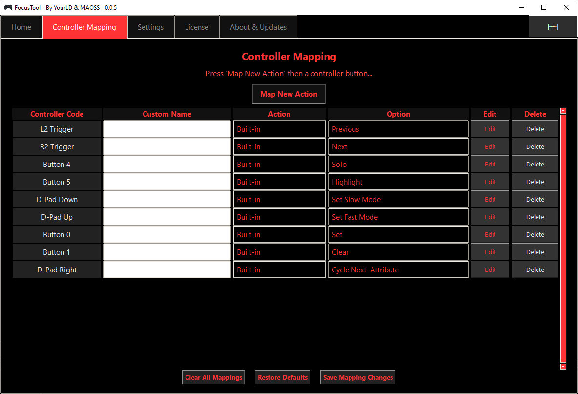 Controller Mapping tab – map buttons/actions, edit, delete, restore defaults.