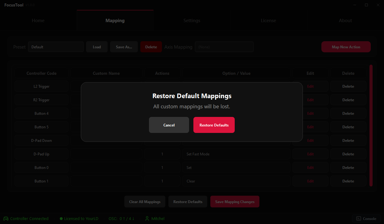 Restore Default Mappings – reset all mappings to their defaults.