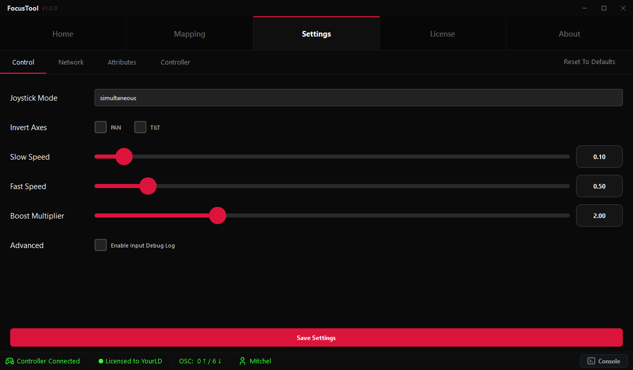 Network tab – network connection status and configuration.