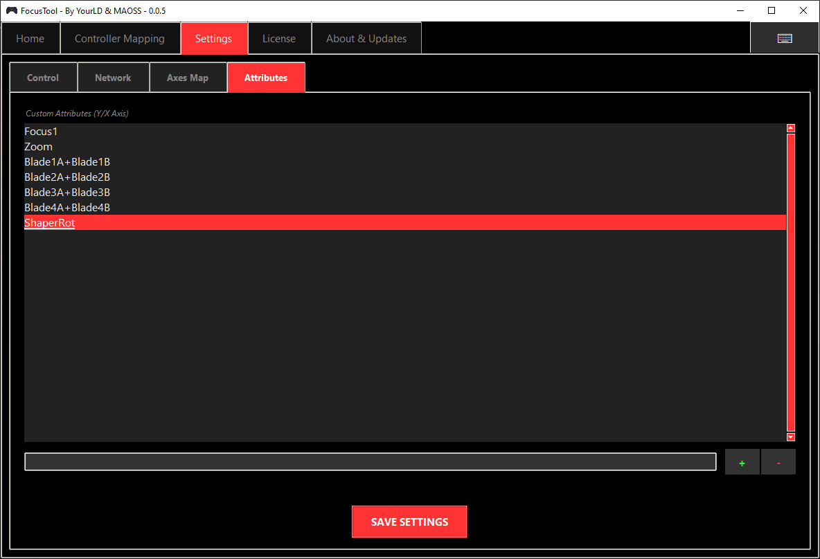 Settings → Attributes – manage custom attribute list (add/remove, combined attributes with +).