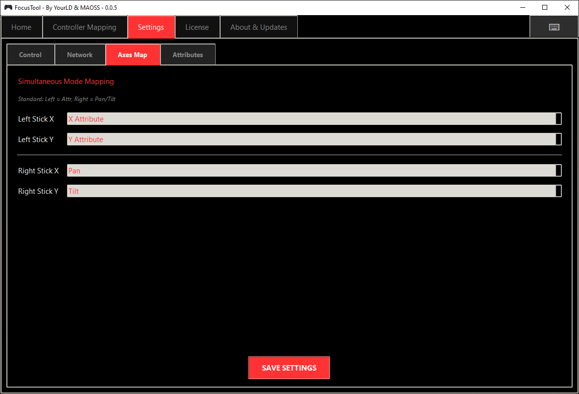 Settings → Axes Map – assign which stick/axis controls Pan/Tilt/Attributes (Simultaneous mode).