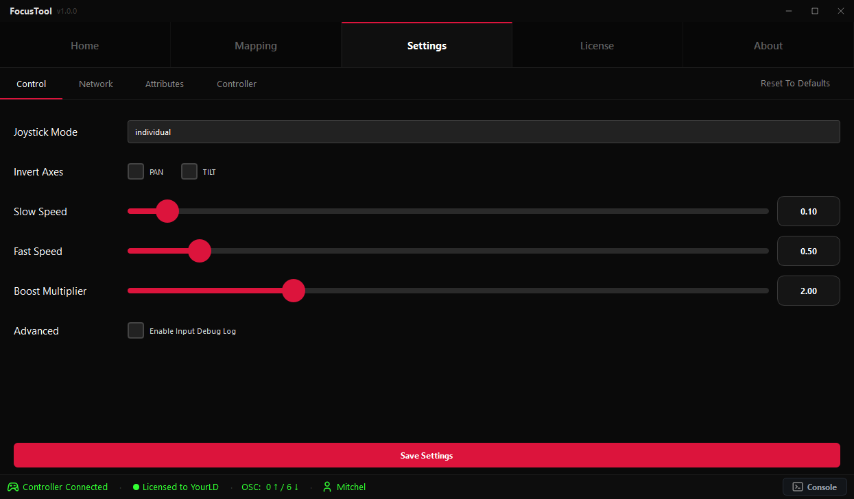 Settings → Console – console type selection and protocol configuration.