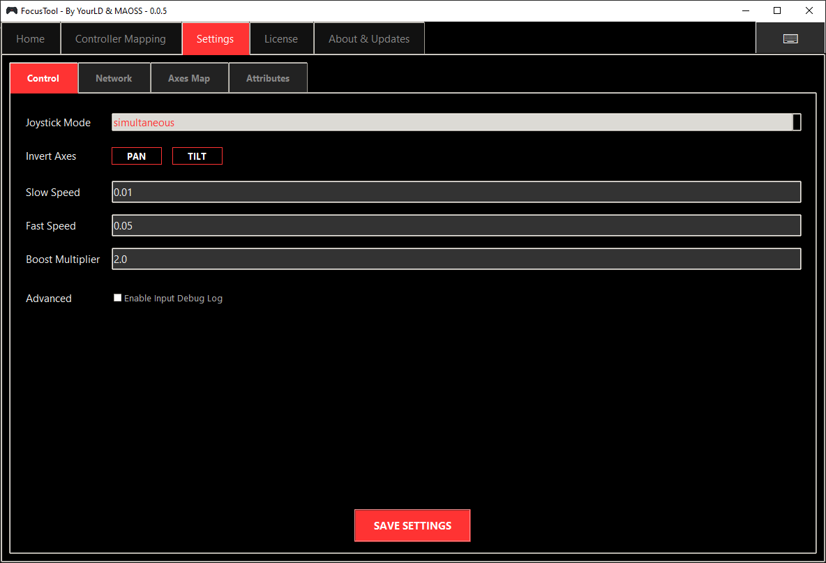 Settings → Control – joystick mode, invert buttons, slow/fast speed, boost multiplier.