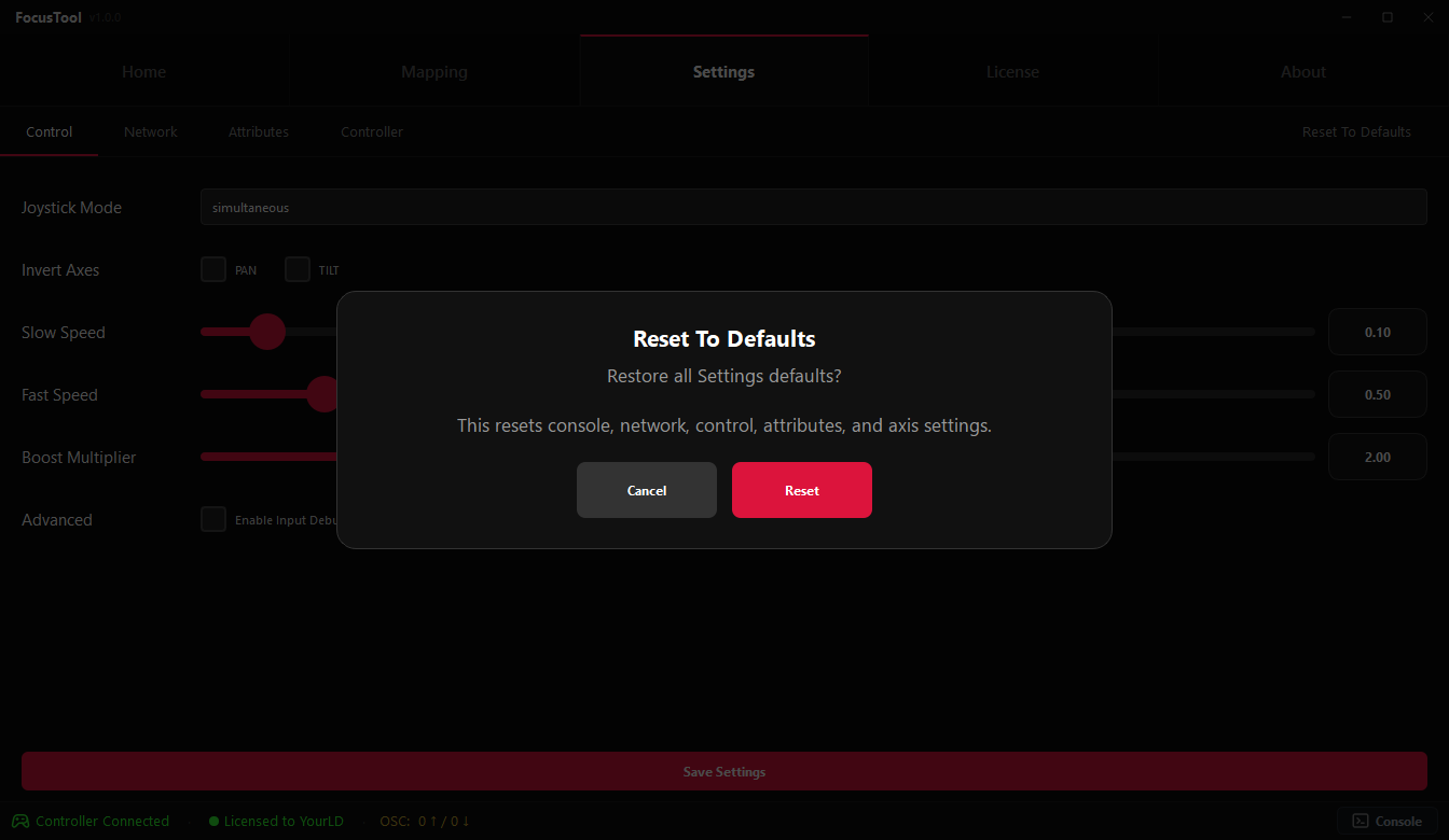 Restore Settings to Default – reset all settings to factory defaults.